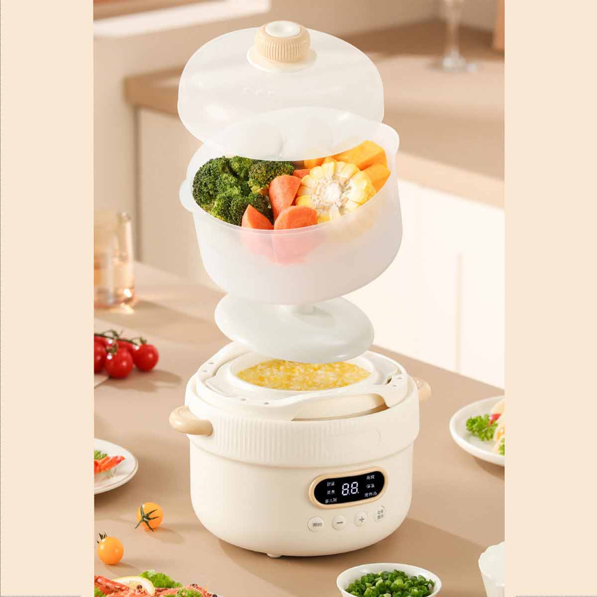 Multifunctional slow cooker steamer, white porcelain liner steamer, food pot-Ecoappstore