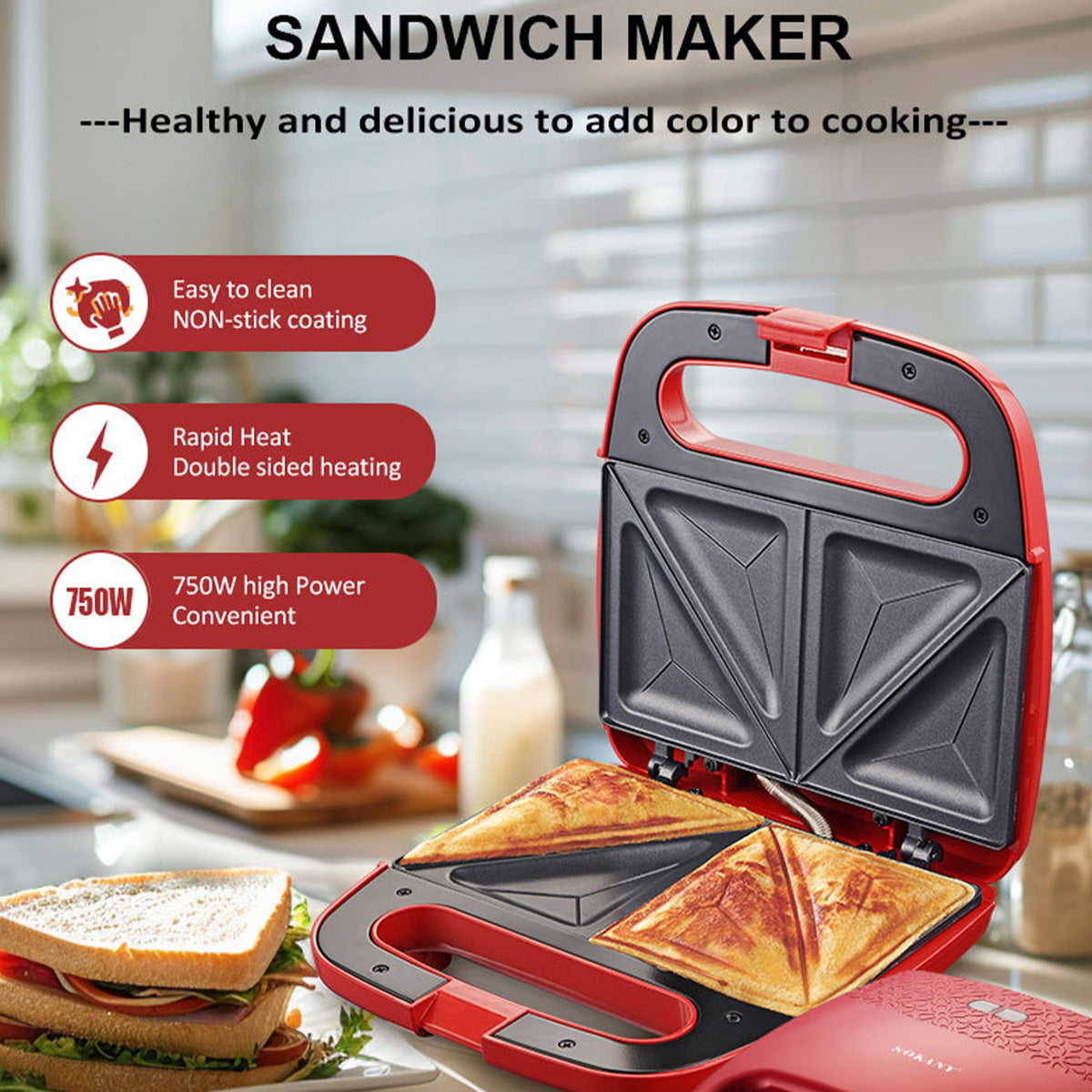  Electric Panini Press Grill and Sandwich Maker, Healthy Ceramic Nonstick Plates-Ecoappstore